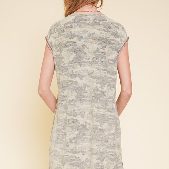 HEM & THREAD Light Green Camo T-Shirt Dress, Casual Short Sleeve Knit Lounge - Picture 4 of 6